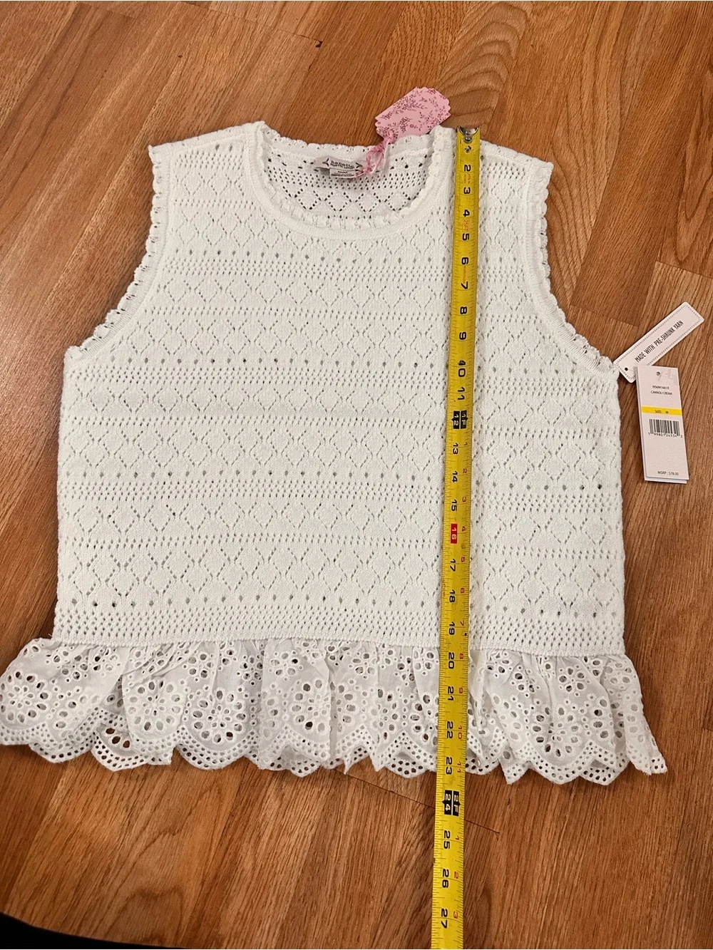 Nanette Lepore White Crochet Knit Tank with Eyelet Ruffle Hem